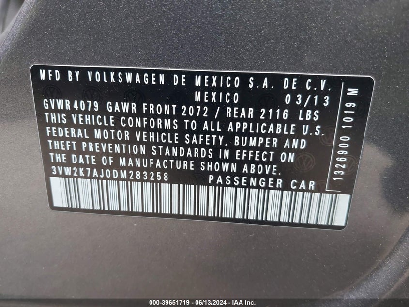 2013 Volkswagen Jetta 2.0L S VIN: 3VW2K7AJ0DM283258 Lot: 39651719