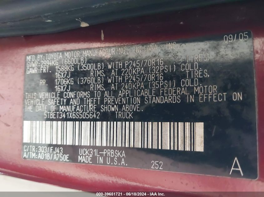 2006 Toyota Tundra Sr5 V8 VIN: 5TBET341X6S505642 Lot: 39651721