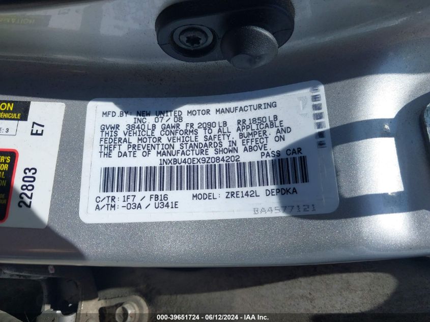 2009 Toyota Corolla VIN: 1NXBU40EX9Z084202 Lot: 39651724