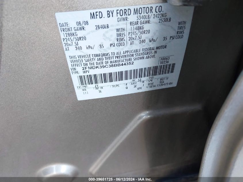 2008 Ford Edge Limited VIN: 2FMDK39C38BB44352 Lot: 39651725