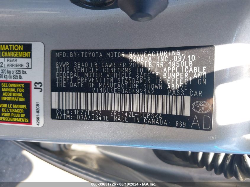 2010 Toyota Corolla S VIN: 2T1BU4EE0AC492142 Lot: 39651726