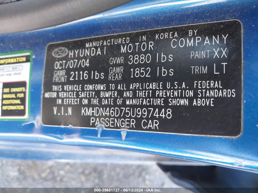 2005 Hyundai Elantra Gls/Gt VIN: KMHDN46D75U997448 Lot: 39651727