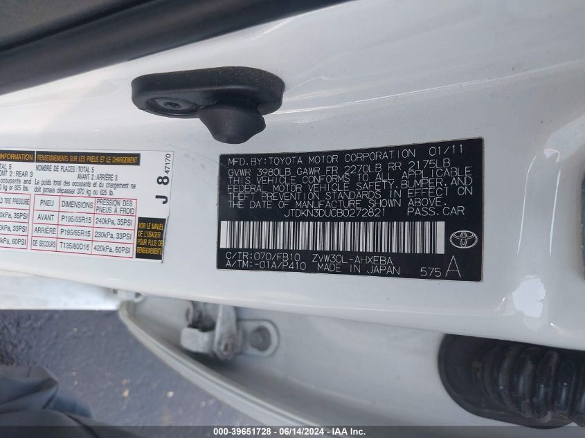 2011 Toyota Prius Three VIN: JTDKN3DU0B0272821 Lot: 39651728