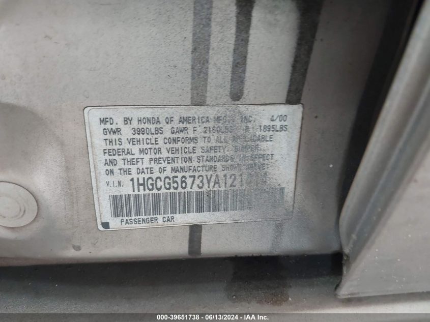 2000 Honda Accord 2.3 Se VIN: 1HGCG5673YA121414 Lot: 39651738