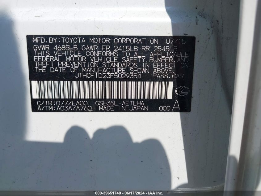 2015 Lexus Is 250 VIN: JTHCF1D23F5029354 Lot: 39651740