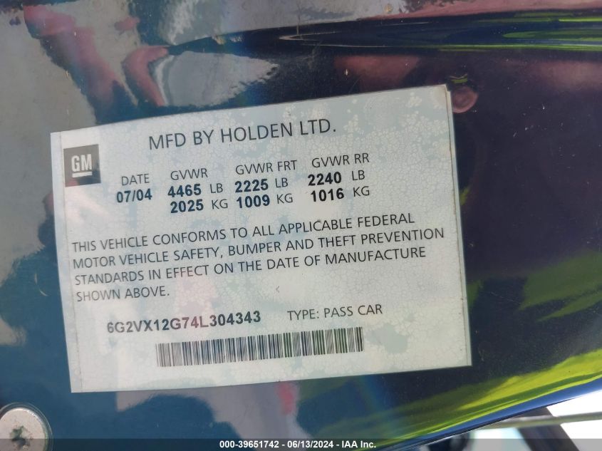 2004 Pontiac Gto VIN: 6G2VX12G74L304343 Lot: 39651742
