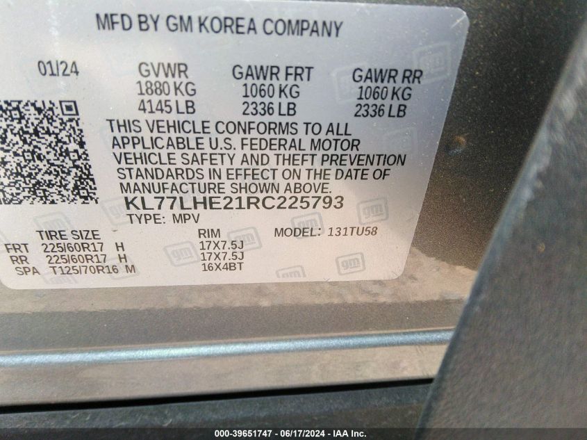 2024 Chevrolet Trax Fwd Lt VIN: KL77LHE21RC225793 Lot: 39651747