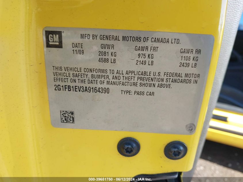 2010 Chevrolet Camaro 1Lt VIN: 2G1FB1EV3A9164390 Lot: 39651750