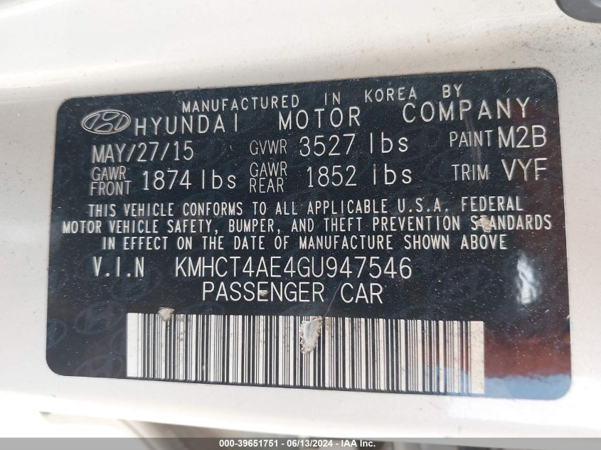 2016 Hyundai Accent Se VIN: KMHCT4AE4GU947546 Lot: 39651751