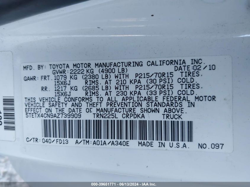2010 Toyota Tacoma VIN: 5TETX4CN9AZ739909 Lot: 39651771