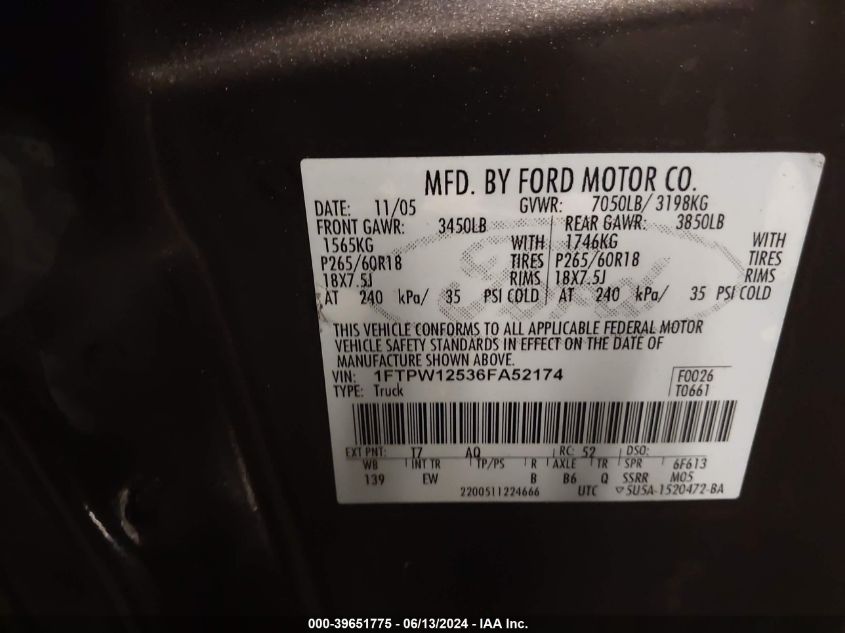 2006 Ford F-150 Lariat/Xlt VIN: 1FTPW12536FA52174 Lot: 39651775