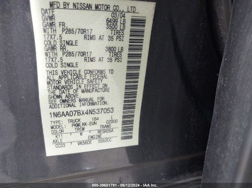 2004 Nissan Titan Xe VIN: 1N6AA07BX4N537053 Lot: 39651791