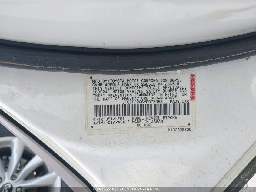 1997 Lexus Es 300 VIN: JT8BF22G6V0073098 Lot: 39651825