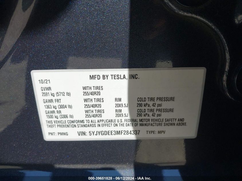 2021 Tesla Model Y Long Range Dual Motor All-Wheel Drive VIN: 5YJYGDEE3MF284337 Lot: 39651828