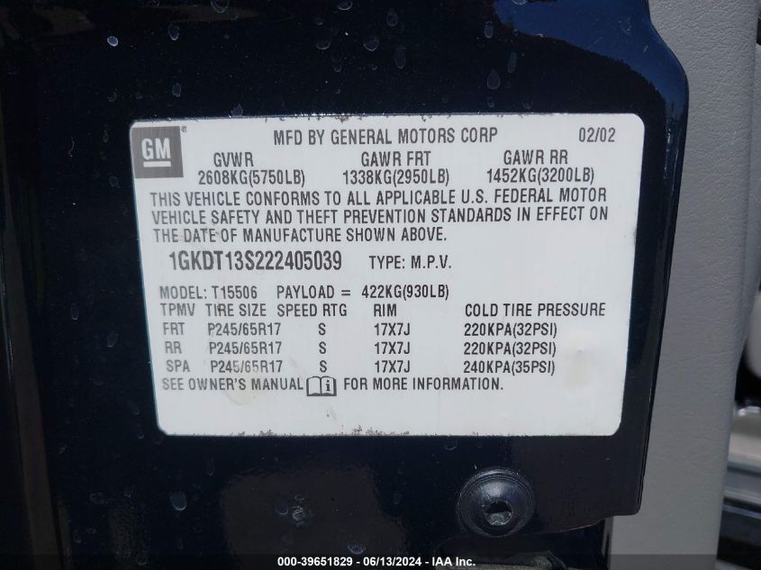 2002 GMC Envoy Slt VIN: 1GKDT13S222405039 Lot: 39651829