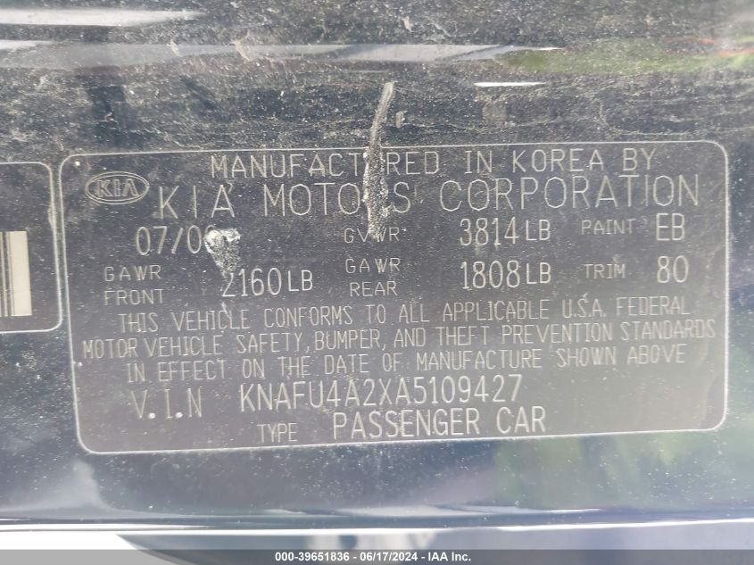 2010 Kia Forte Ex VIN: KNAFU4A2XA5109427 Lot: 39651836