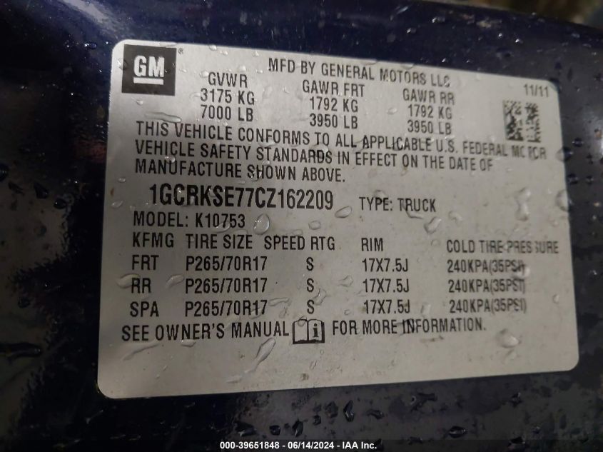 2012 Chevrolet Silverado 1500 Lt VIN: 1GCRKSE77CZ162209 Lot: 39651848