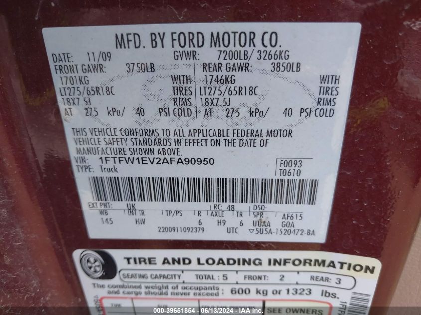 2010 Ford F-150 Fx4/Harley-Davidson/King Ranch/Lariat/Platinum/Xl/Xlt VIN: 1FTFW1EV2AFA90950 Lot: 39651854