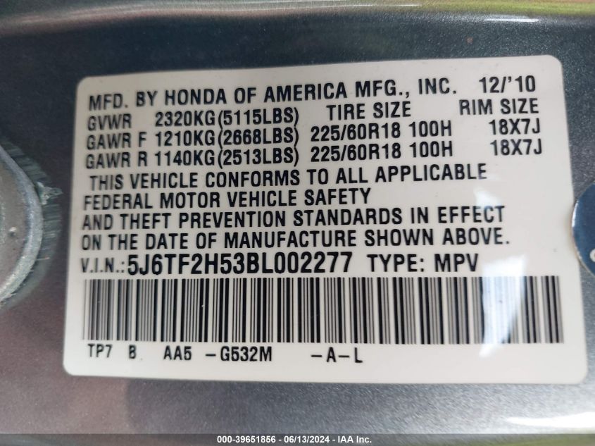 2011 Honda Accord Crosstour Ex-L VIN: 5J6TF2H53BL002277 Lot: 39651856