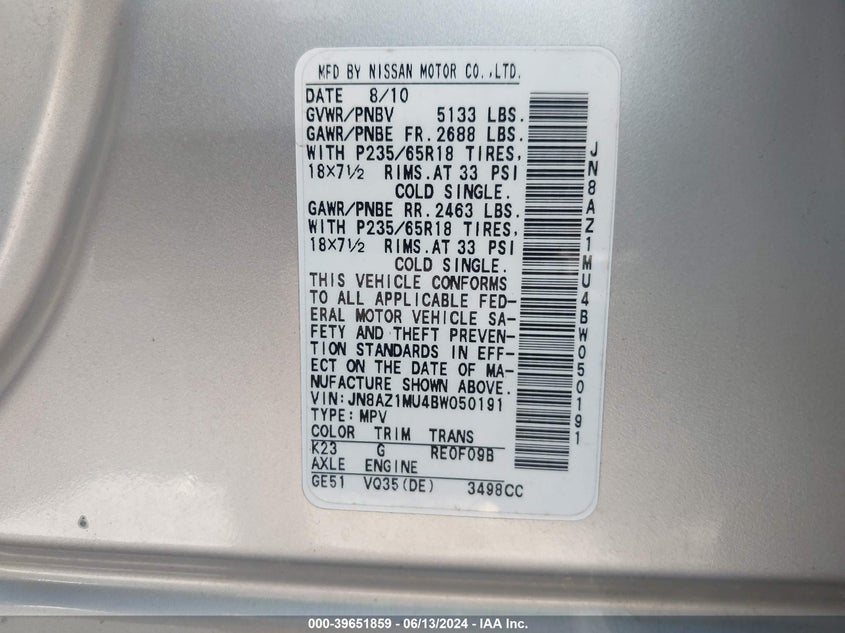 2011 Nissan Murano S VIN: JN8AZ1MU4BW050191 Lot: 39651859