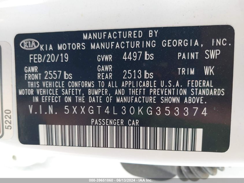2019 Kia Optima Lx VIN: 5XXGT4L30KG353374 Lot: 39651860
