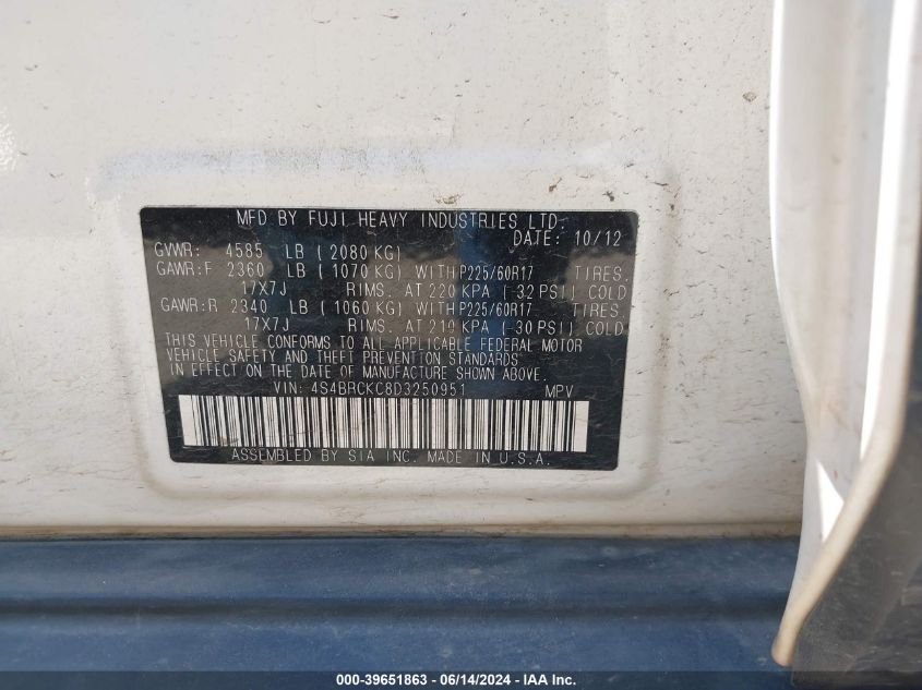 2013 Subaru Outback 2.5I Limited VIN: 4S4BRCKC8D3250951 Lot: 39651863