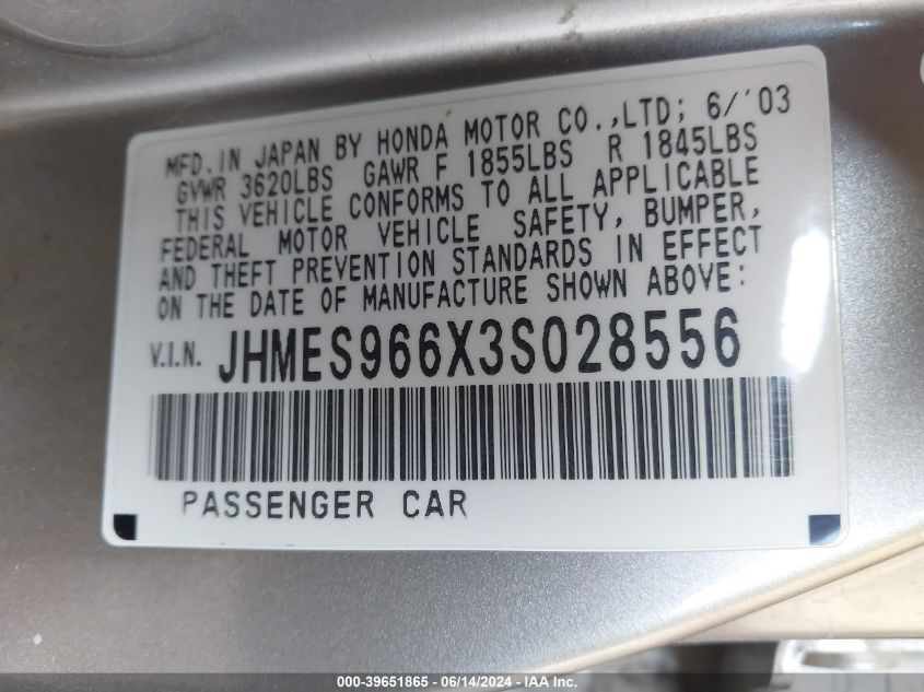 2003 Honda Civic Hybrid VIN: JHMES966X3S028556 Lot: 39651865