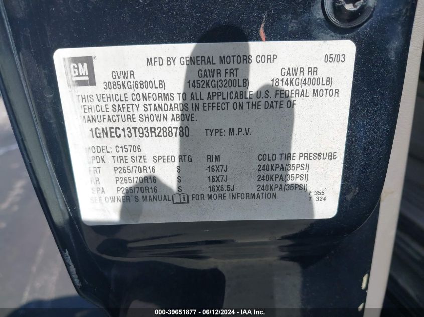 2003 Chevrolet Tahoe Lt VIN: 1GNEC13T93R288780 Lot: 39651877