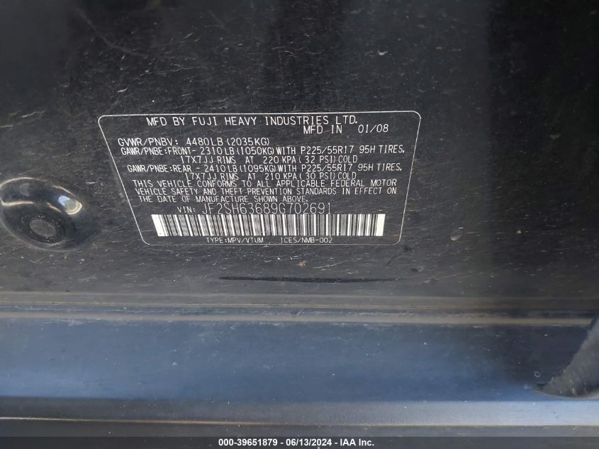 2009 Subaru Forester 2.5X VIN: JF2SH63689G702691 Lot: 39651879
