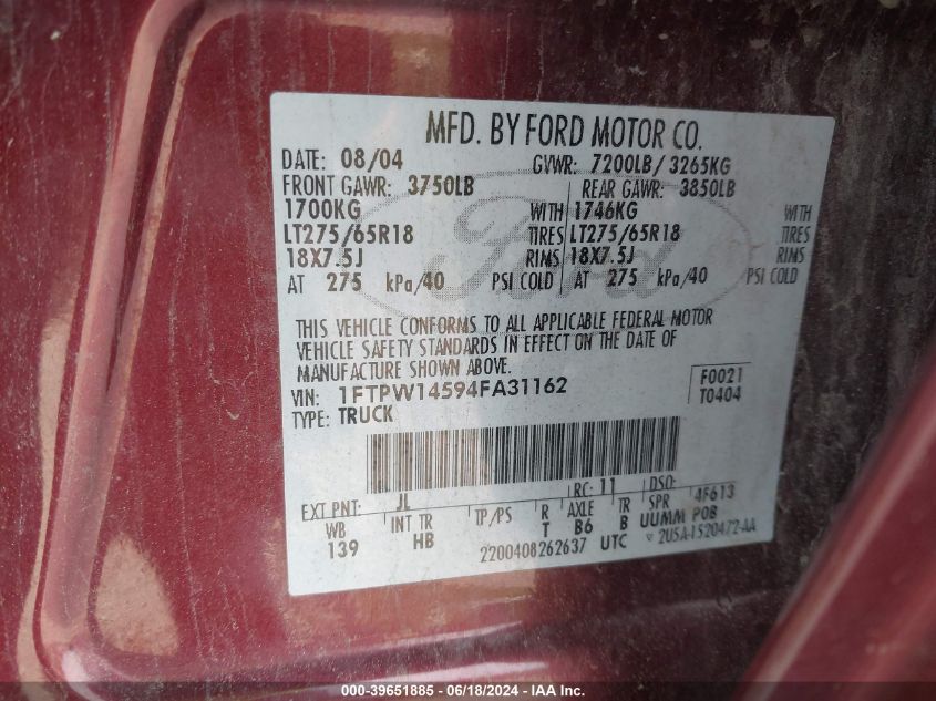 1FTPW14594FA31162 | 2004 FORD F-150