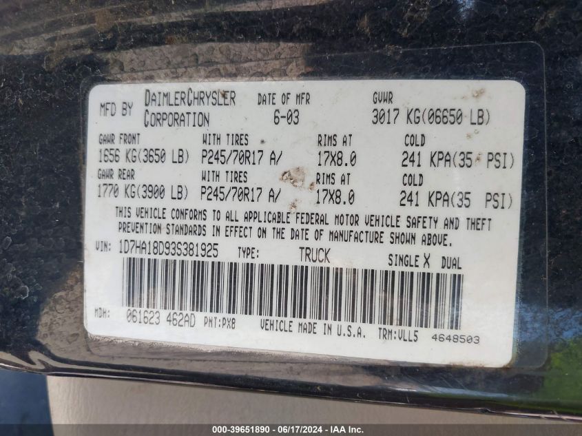 2003 Dodge Ram 1500 Slt/Laramie/St VIN: 1D7HA18D93S381925 Lot: 39651890