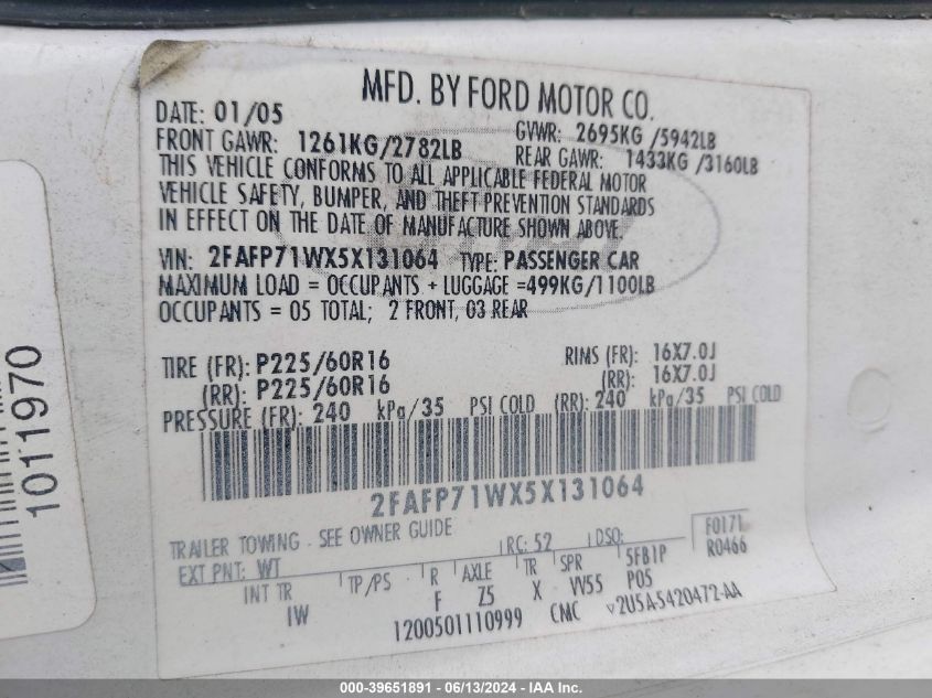 2005 Ford Crown Victoria Police VIN: 2FAFP71WX5X131064 Lot: 39651891