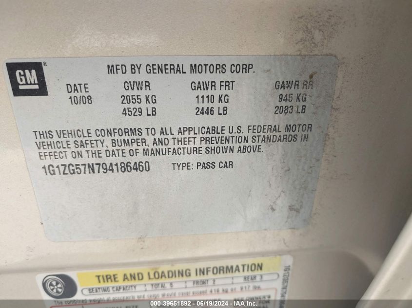 2009 Chevrolet Malibu VIN: 1G1ZG56N794186460 Lot: 39651892