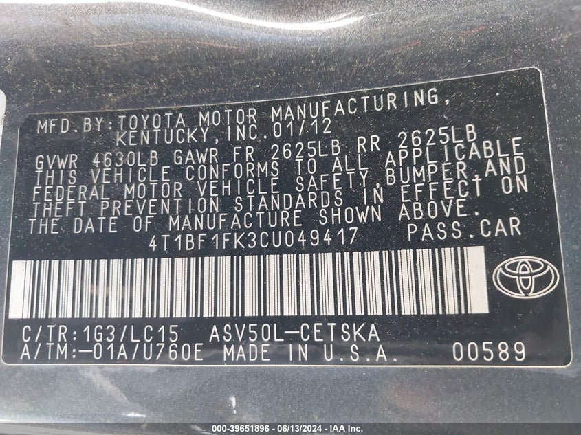 2012 Toyota Camry Se VIN: 4T1BF1FK3CU049417 Lot: 39651896