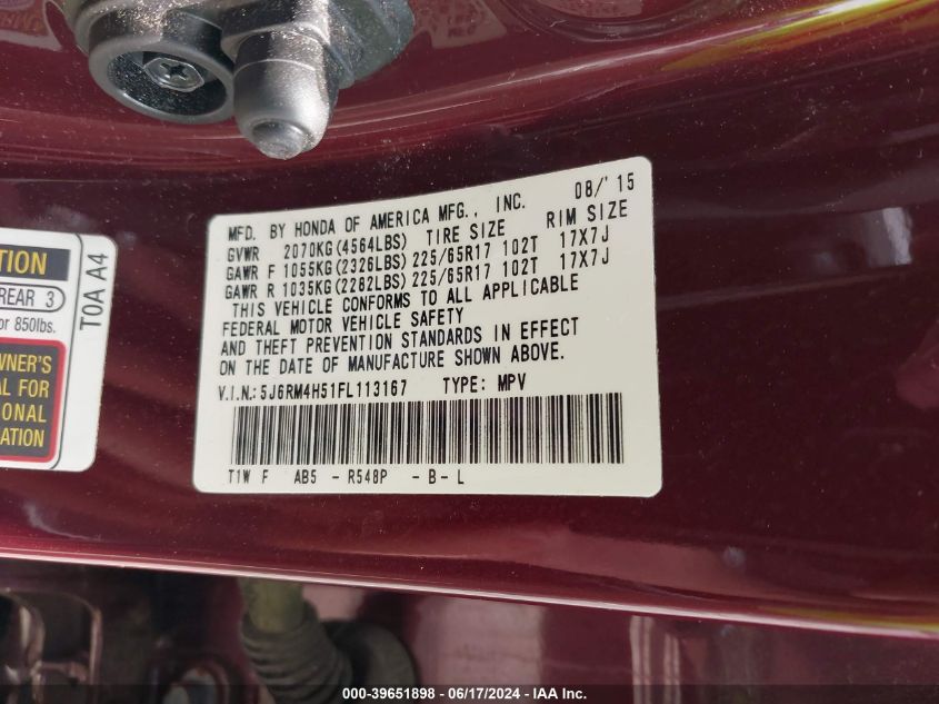 2015 Honda Cr-V Ex VIN: 5J6RM4H51FL113167 Lot: 39651898