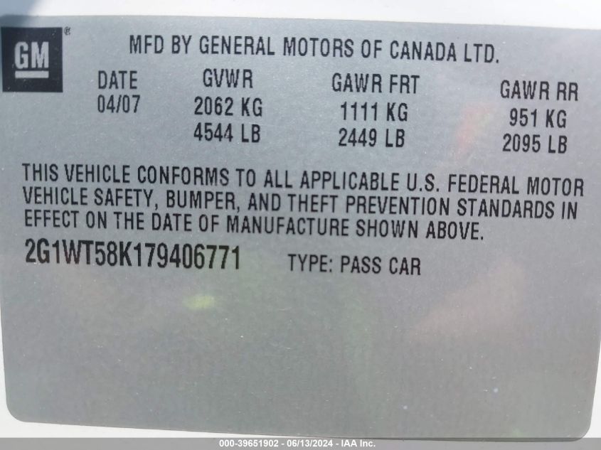 2007 Chevrolet Impala Lt VIN: 2G1WT58K179406771 Lot: 39651902