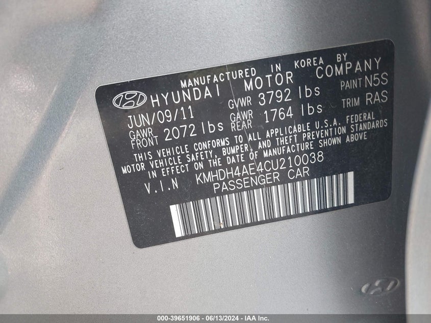 2012 Hyundai Elantra Limited (Ulsan Plant) VIN: KMHDH4AE4CU210038 Lot: 39651906