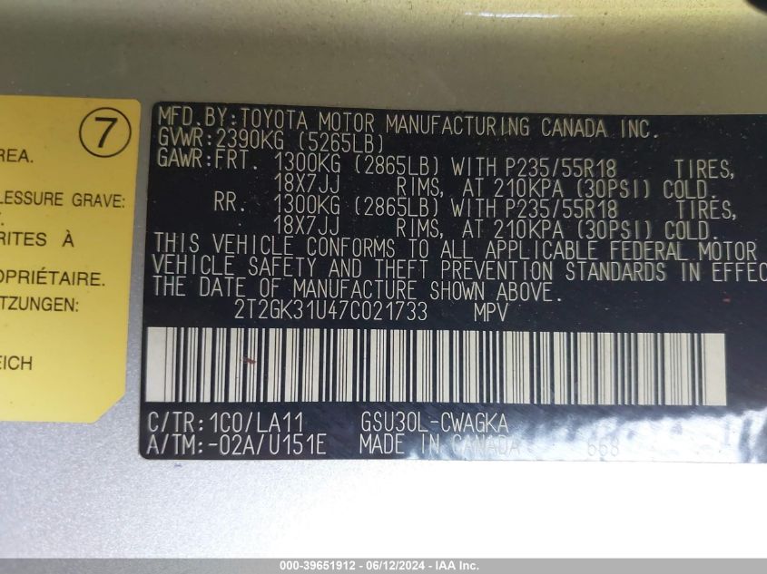 2007 Lexus Rx 350 VIN: 2T2GK31U47C021733 Lot: 39651912