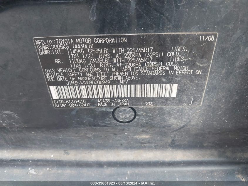 2009 Toyota Rav4 VIN: JTMZF33V09D006949 Lot: 39651923