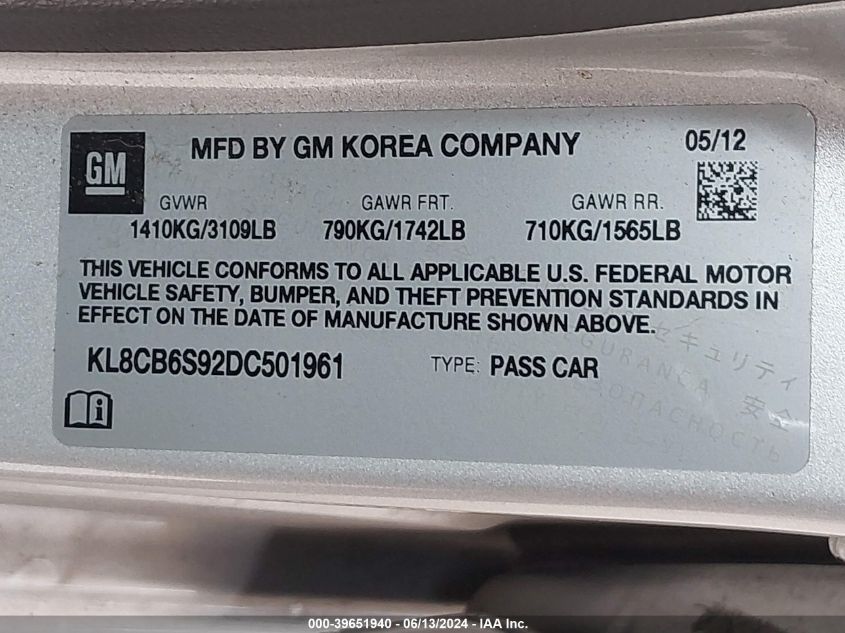 2013 Chevrolet Spark Ls Auto VIN: KL8CB6S92DC501961 Lot: 39651940