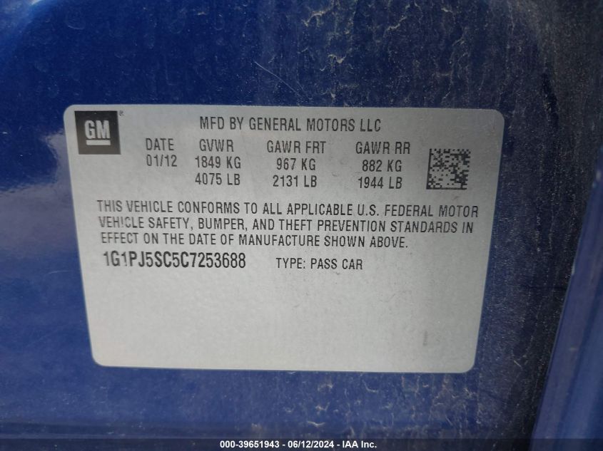 2012 Chevrolet Cruze Eco VIN: 1G1PJ5SC5C7253688 Lot: 39651943