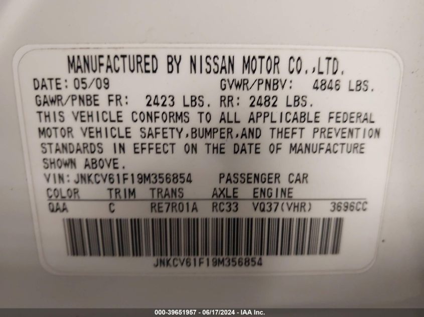 2009 Infiniti G37X VIN: JNKCV61F19M356854 Lot: 39651957