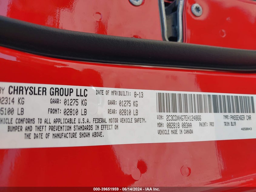 2014 Dodge Charger Sxt Plus VIN: 2C3CDXHG7EH124866 Lot: 39651959