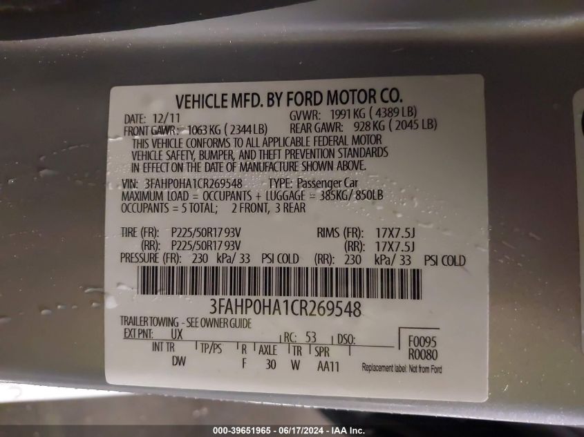 2012 Ford Fusion Se VIN: 3FAHP0HA1CR269548 Lot: 39651965