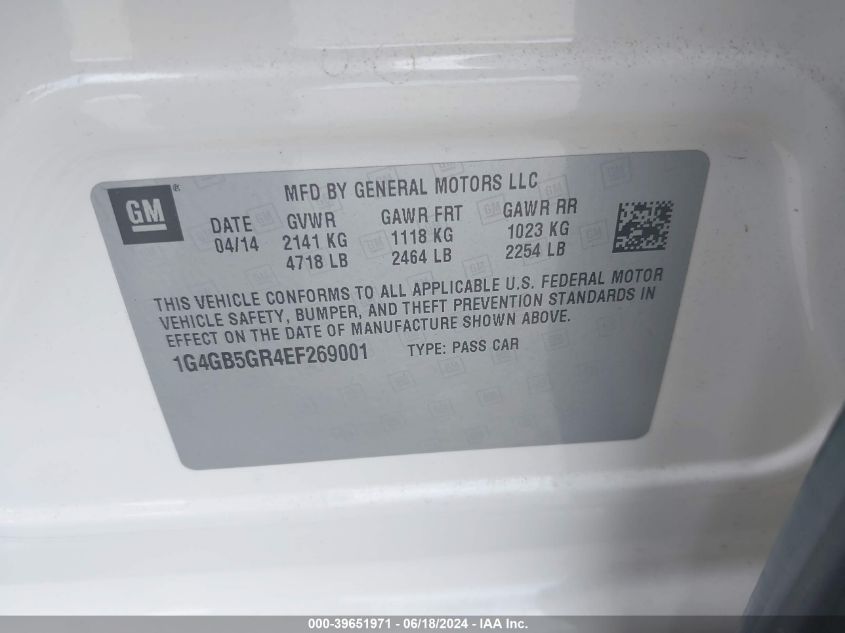 2014 Buick Lacrosse Leather Group VIN: 1G4GB5GR4EF269001 Lot: 39651971