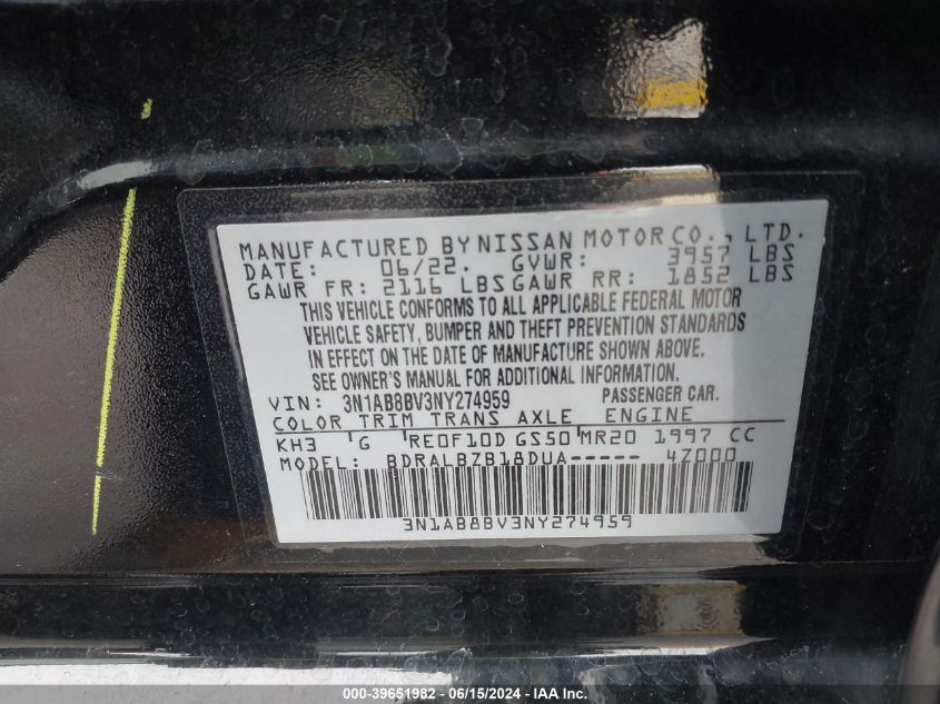 2022 Nissan Sentra S Xtronic Cvt VIN: 3N1AB8BV3NY274959 Lot: 39651982