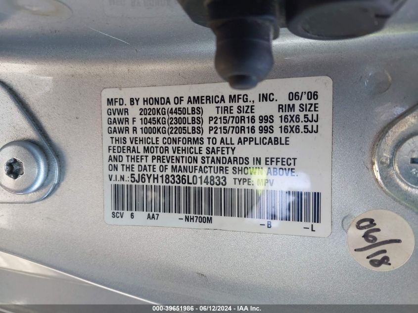 2006 Honda Element Lx VIN: 5J6YH18336L014833 Lot: 39651986