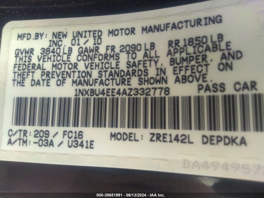 2010 Toyota Corolla Le VIN: 1NXBU4EE4AZ332778 Lot: 39651991