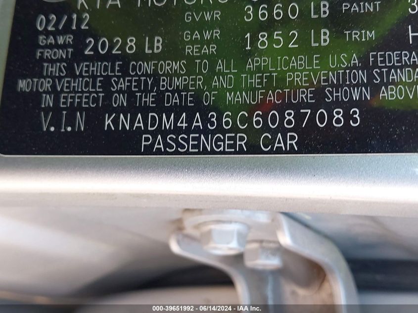2012 Kia Rio Lx VIN: KNADM4A36C6087083 Lot: 39651992