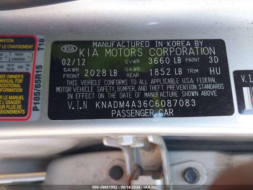 2012 Kia Rio Lx VIN: KNADM4A36C6087083 Lot: 39651992